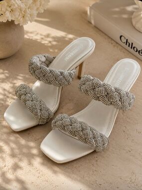 CUSHIONAIRE Rhinestone Braided Heels Size 8 | White Square Toe Glam Mule Sandals